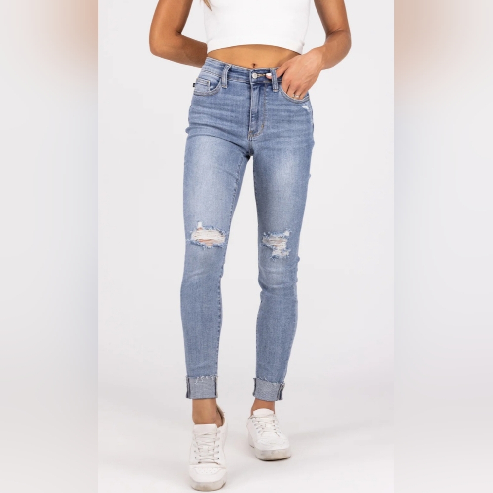Judy Blue Mid Rise Medium Wash Cuffed Raw Hem Skinny Jeans Regular Plus NEW